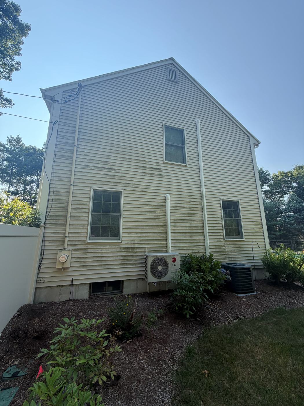 Tan vinyl siding with mildew streaks